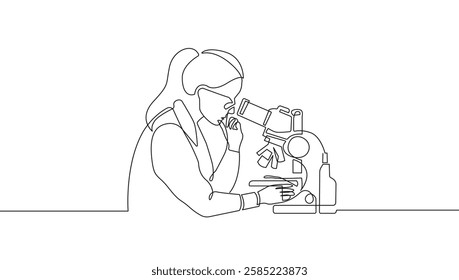 Woman Scientist Continuous One Line Drawing. Woman with Microscope One Line Vector Illustration. Minimal Trendy Contemporary Design for Science Social Media, Posters, Invitations, Branding. Not AI