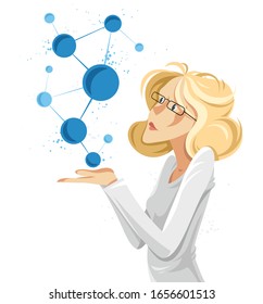 Científica mujer descubriendo microelementos como moléculas o átomos ilustraciones conceptuales vectoriales, alegoría de neurociencia, investigación de laboratorio.