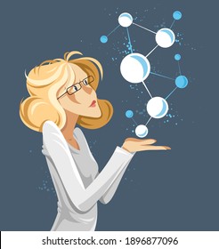 Woman scientist discovering micro elements such as molecules or atoms vector conceptual illustration, neuroscience allegory, laboratory research. - Shutterstock ID 1896877096