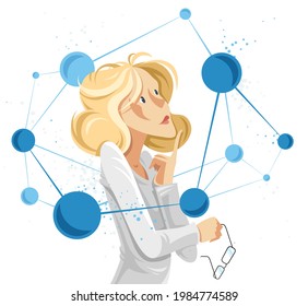 Científica mujer descubriendo microelementos como moléculas o átomos, ilustraciones conceptuales vectoriales, alegoría de neurociencia, investigación de laboratorio.