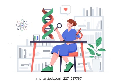 Woman scientist with DNA. Girl in medical uniform sits in lab with magnifying glass and studies structure of atom and molecule. Genetic engineering and chemistry. Cartoon flat vector illustration