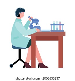 Woman scientist doing research food quality or medical analysis and test at lab. Laboratory science assistant looking in microscope working at table. Flat vector illustration.