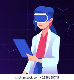 Woman scientist experiencing virtual reality using headset. Metaverse digital cyber world technology vector  illustration