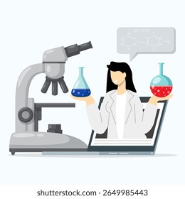 A woman of scientist explaining about his research on experiment from laptop screen. Online education concept.