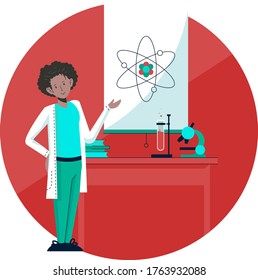 Woman scientist. Girl professor gives a scientific lecture. Explains the structure of an atom. Physics, chemistry and other sciences. Aurora American in Science