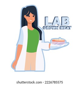 woman scientist holding cultured red raw veal made from animal cells artificial lab grown meat production concept