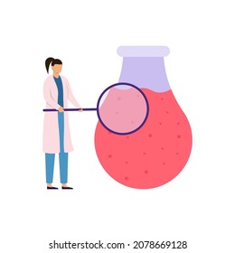 A Woman Scientist Is Holding A Large Magnifying Glass And Examines A Flask. Science Lab People Concept. Chemistry, Biology, Medical Laboratory Research Character. Isolated Vector Stock Illustration