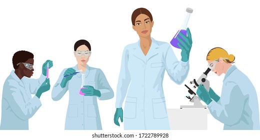 Woman Scientist Holding A Sample Of Liquid In Glass Flask. African, Asian, European, Indian Women Scientist In Lab. Process Of Vaccine Research. Flat Hand Drawn Illustration On White Background.