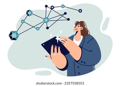 Woman scientist is holding tablet computer and looking at virtual structure of chemical. Business girl with electronic tablet, working on creation of supply chains for functioning of company