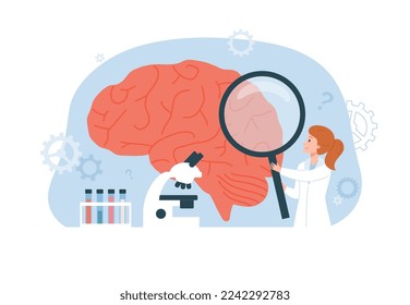 Woman scientist with huge magnifying glass researching human brain flat style, vector illustration isolated on white background. Brain science concept, laboratory equipment