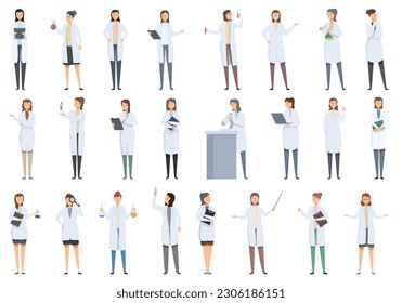 Woman scientist icons set cartoon vector. Female work. Doctor lab