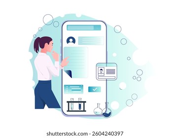 Woman scientist interacting with a large smartphone interface showing medical data, lab elements, and ID card on abstract background. Concept of digital healthcare. Vector illustration