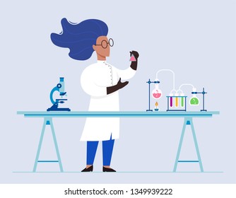 	
Woman Scientist in Lab Chemistry  Female Illustration. Neuroscience, Machine Learning, Scientific, Research Flat Cartoon Style.