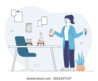 Woman scientist in lab coat holding flasks near a table with lab equipment, minimal flat style, blue abstract background. Concept of scientific research. Vector illustration