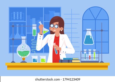 Woman scientist. Lab research graphics. Female working in laboratory. Science experiment. Development vaccine or drug of covid19. Scientific interior- chemical, physical, medical or microbiology tech
