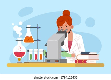 Woman scientist. Lab research graphics. Female working in laboratory. Science experiment. Development vaccine or drug of covid19. Scientific interior- chemical, physical, medical or microbiology tech