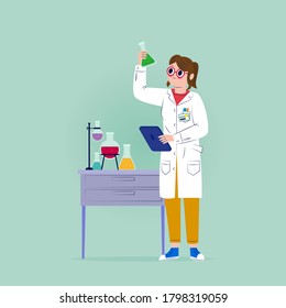 Woman scientist. Lab research graphics. Female working in laboratory. Science experiment. Development vaccine or drug of covid19. Scientific interior- chemical, physical, medical or microbiology tech