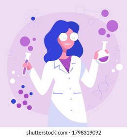 Woman scientist. Lab research graphics. Female working in laboratory. Science experiment. Development vaccine or drug of covid19. Scientific interior- chemical, physical, medical or microbiology tech