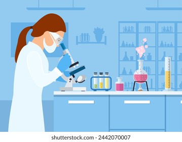 Woman scientist looking microscope, studying the coronavirus 2019-nCoV, with laboratory and equipment background . Female laboratory assistant working at the table in potective glasses.