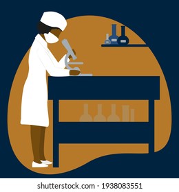 La científica está mirando a través de un microscopio en un laboratorio químico. Las mujeres involucraban ciencia, investigación. Ilustración del vector