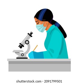 Woman scientist looking through microscope and writing. Female laboratory assistant working at the table in medical mask and rubber gloves. Cartoon flat vector illustration isolated on white.