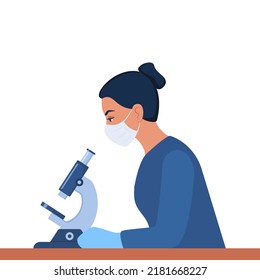 Woman scientist is looking through a microscope. Chemistry laboratory specialist working on research and exploration, sitting at the table in potective mask. Vector illustration