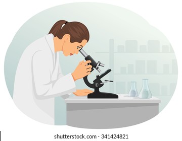 Woman scientist is looking through a microscope. Laboratory and equipment.