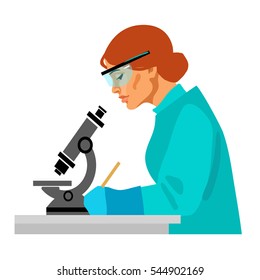 Woman scientist looking through microscope and writing. Female laboratory assistant working at the table in potective glasses and rubber gloves. Cartoon flat vector illustration isolated on white.