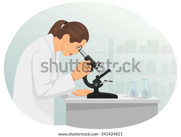 Woman Scientist Looking Through Microscope Laboratory Stock Vector ...