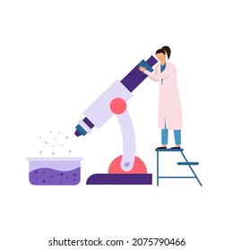 Woman scientist looks through a microscope for a chemical reaction. Science lab people concept. Chemistry, biology, medical laboratory research character. Dna, analyses. Isolated vector illustration