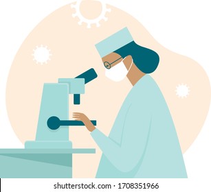 Woman scientist making research in lab.  Development of vaccine protecting people from novel coronavirus causing covid-19 viral pneumonia pandemic outbreak worldwide. Flat vector character