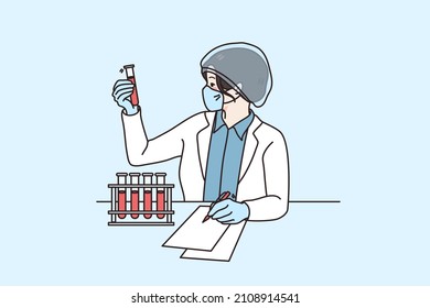 Woman scientist in medical uniform and hat work with tubes in laboratory. Female researcher or specialist experiment make discovery develop vaccine in lab. Research and science. Vector illustration. 