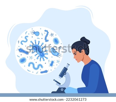Woman Scientist, microbiology researcher with microscope. Microbiologist study various bacteria, pathogenic microorganisms. Bacteria and germs in a circle. Vector illustration