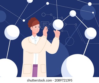 Woman scientist with neuron. Scientist girl touching scientific neural pathway, future algorithm technology, science research neuroscience, flat vector illustration. Girl science, woman scientist