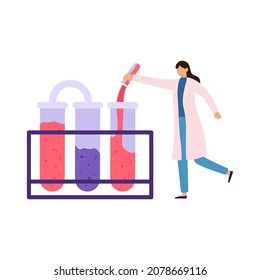 Woman Scientist Pours The Liquid Test Tube Into Large Flask. Reaction, Research. Science Lab People Concept. Chemistry, Biology, Medical Laboratory Research Character. Isolated Vector Stock