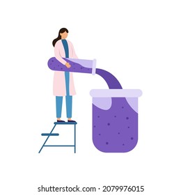 Woman Scientist Pours The Liquid Test Tube Into Large Flask. Reaction, Research. Science Lab People Concept. Chemistry, Biology, Medical Laboratory Research Character. Isolated Vector Stock