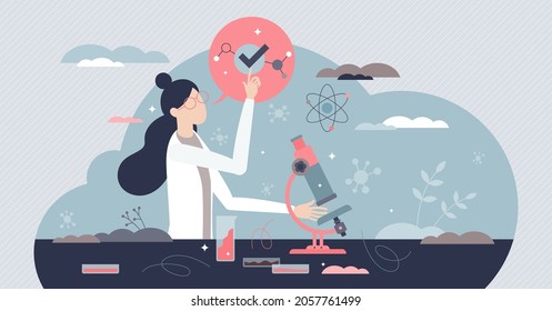 Woman scientist with professional career in laboratory tiny person concept. Scientific research job specialist as occupation for female with education and high knowledge experience vector illustration