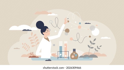 Woman scientist as professional female occupation or work tiny person concept. Chemist career with high education and intelligence level vector illustration. Chemical researcher or physics specialist.