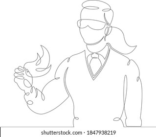 Woman scientist professor teacher in goggles holds a fiery element in his hands.One continuous drawing line, logo single hand drawn art doodle isolated minimal illustration.