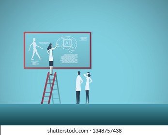 Woman scientist or professor and team discussing artificial intelligence concept. Symbol of woman achievement, new, technology, knowledge and scientific research. Eps10 vector illustration.