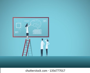 Woman scientist or professor and team discussing artificial intelligence concept. Symbol of woman achievement, new, technology, knowledge and scientific research. Eps10 vector illustration.