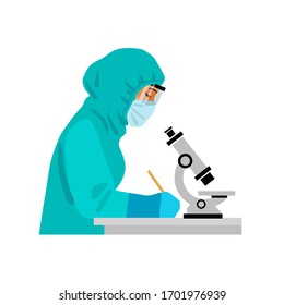 Woman scientist in protective suit and medical mask looking through microscope writing. Female laboratory assistant studying coronavirus. Cartoon flat vector illustration isolated on white background.