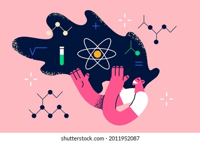 Woman scientist and research concept. Female cartoon character career occupation as experimental physician or chemistry worker wearing uniform looking at tools in hair vector illustration