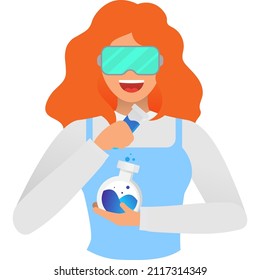 Woman scientist researcher holding experimental chemical flask icon vector. Successful biotech experiment