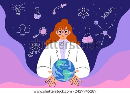 Woman scientist. Science girl technology in chemistry. Scientific research. Professional teacher job. Career in chemical laboratory. Chemist holding Earth planet. Vector flat concept