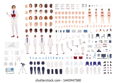 Woman scientist or scientific laboratory worker constructor set or DIY kit. Bundle of female body parts, lab clothing and equipment isolated on white background. Flat cartoon vector illustration.