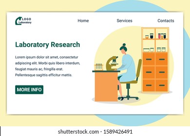 Woman Scientist Sitting at Table and Working with Microscope Flat Cartoon Banner Vector Illustration. Worker Doing Chemical Research in Laboratory. Shelves with Bottles, Glasses and Test Tubes.