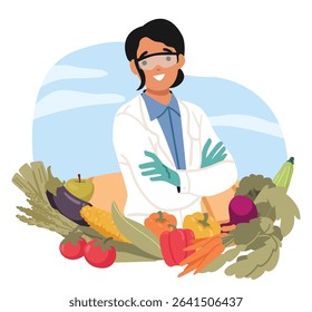 Woman scientist surrounded by abundance of natural organic products of smart agricultural farm cartoon portrait. Greenhouse harvest, fresh vegetables new modification presentation vector illustration