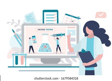 Woman scientist talk about virus vaccine development. Medical workers research and test new coronavirus vaccine. People in uniform holding medical supplies and syringe. Global covid 19 pandemic.Vector