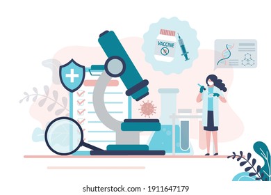 Woman scientist trying to find vaccine for coronavirus. Female character conducts experiments and studies virus. Concept of scientific development and virology. Medical equipment. Vector illustration